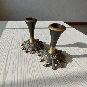 Vintage Israeli Brutalist Brass Candle Holders  Shabbat Candlesticks, Set of 2